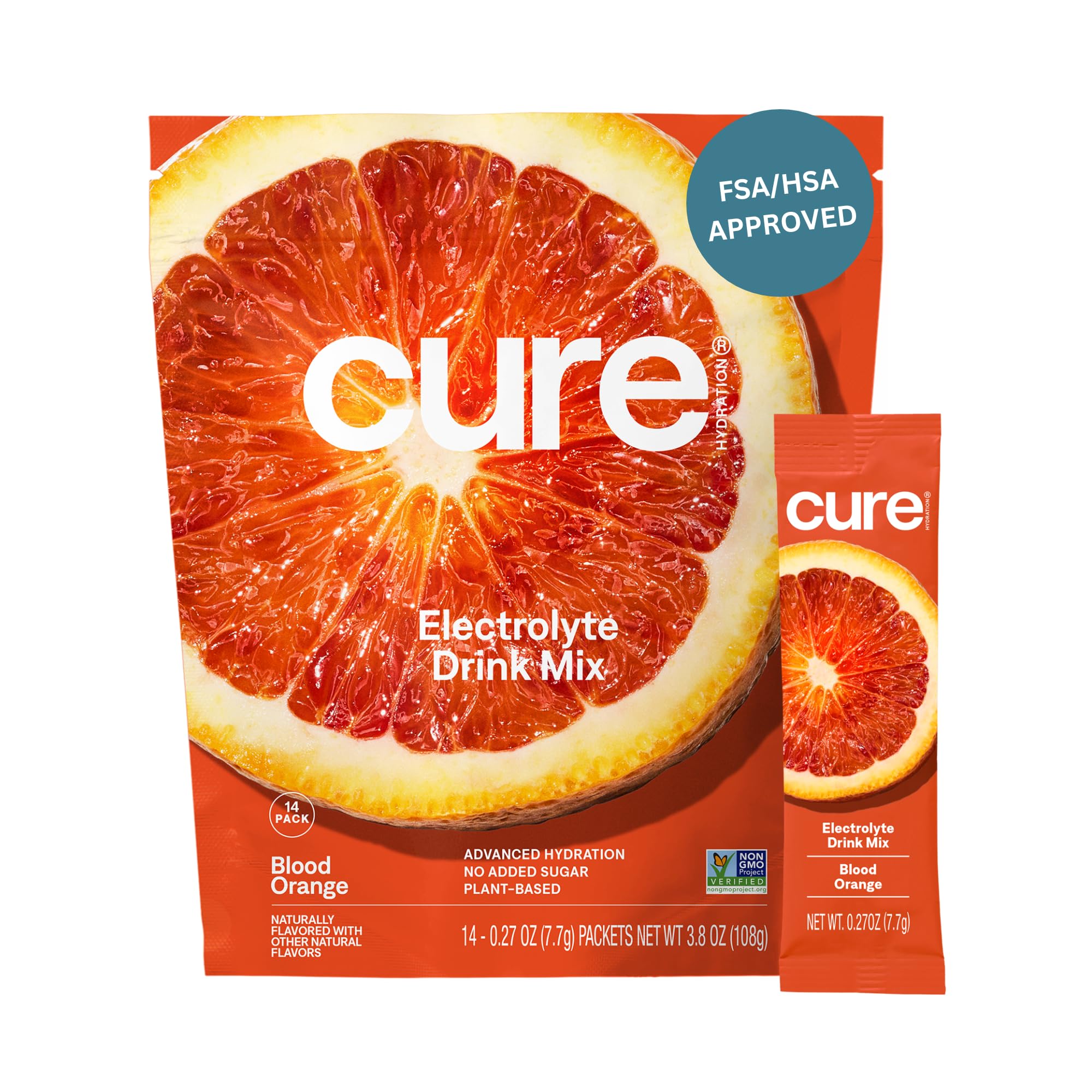 Cure Hydration Blood Orange packets front view for quick, plant-based hydration on the go.