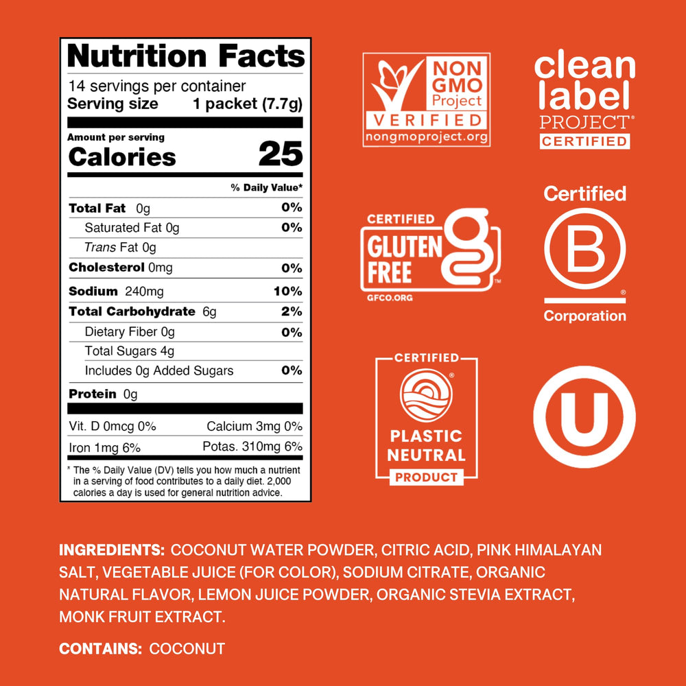 Cure Hydration Blood Orange packets side view highlighting portable, no-sugar electrolyte mix.