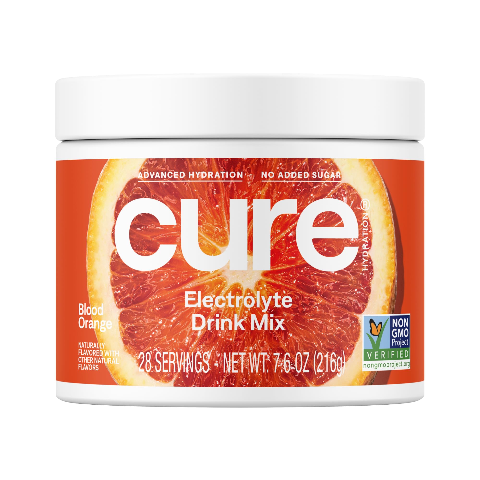 Cure Hydration blood orange powder jar showing plant-based electrolytes for fast hydration.
