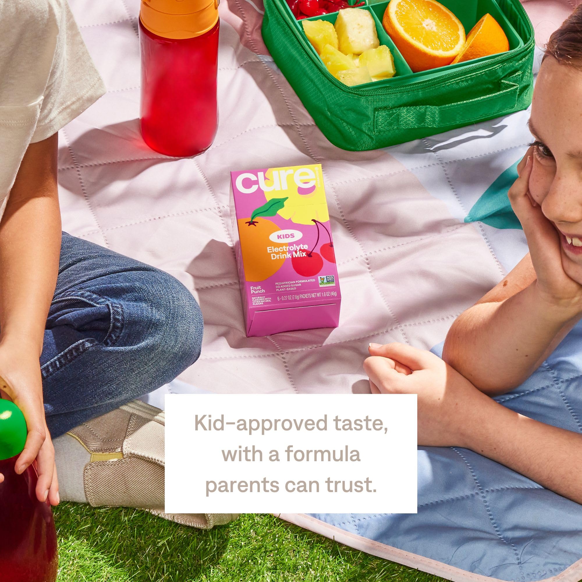 Cure Hydration daily-use kids packaging, easy-to-mix packets for school, sports, and travel.
