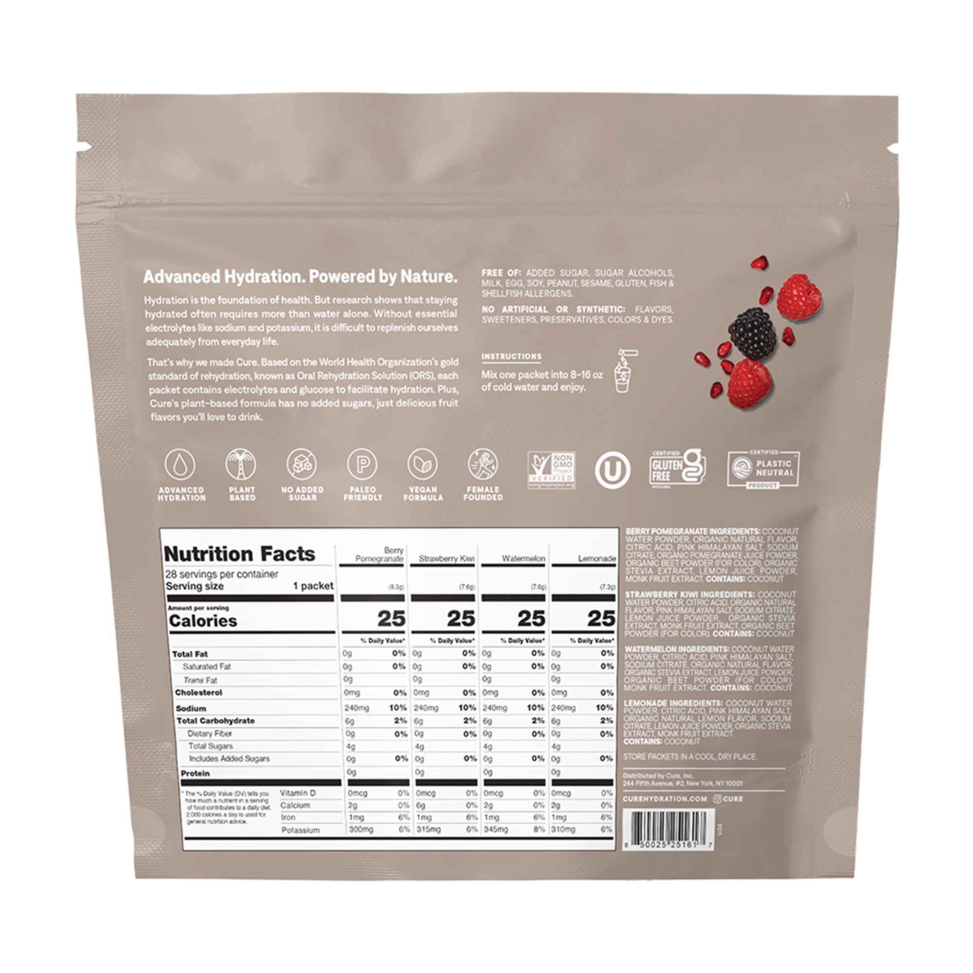 Cure Hydration front-label showcases plant-based electrolytes and sugar-free formula.
