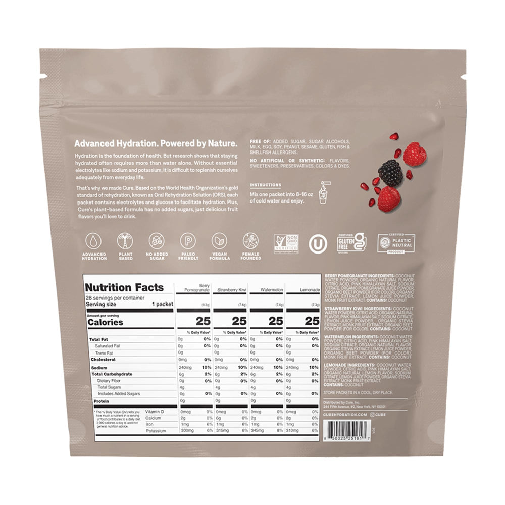Cure Hydration front-label showcases plant-based electrolytes and sugar-free formula.