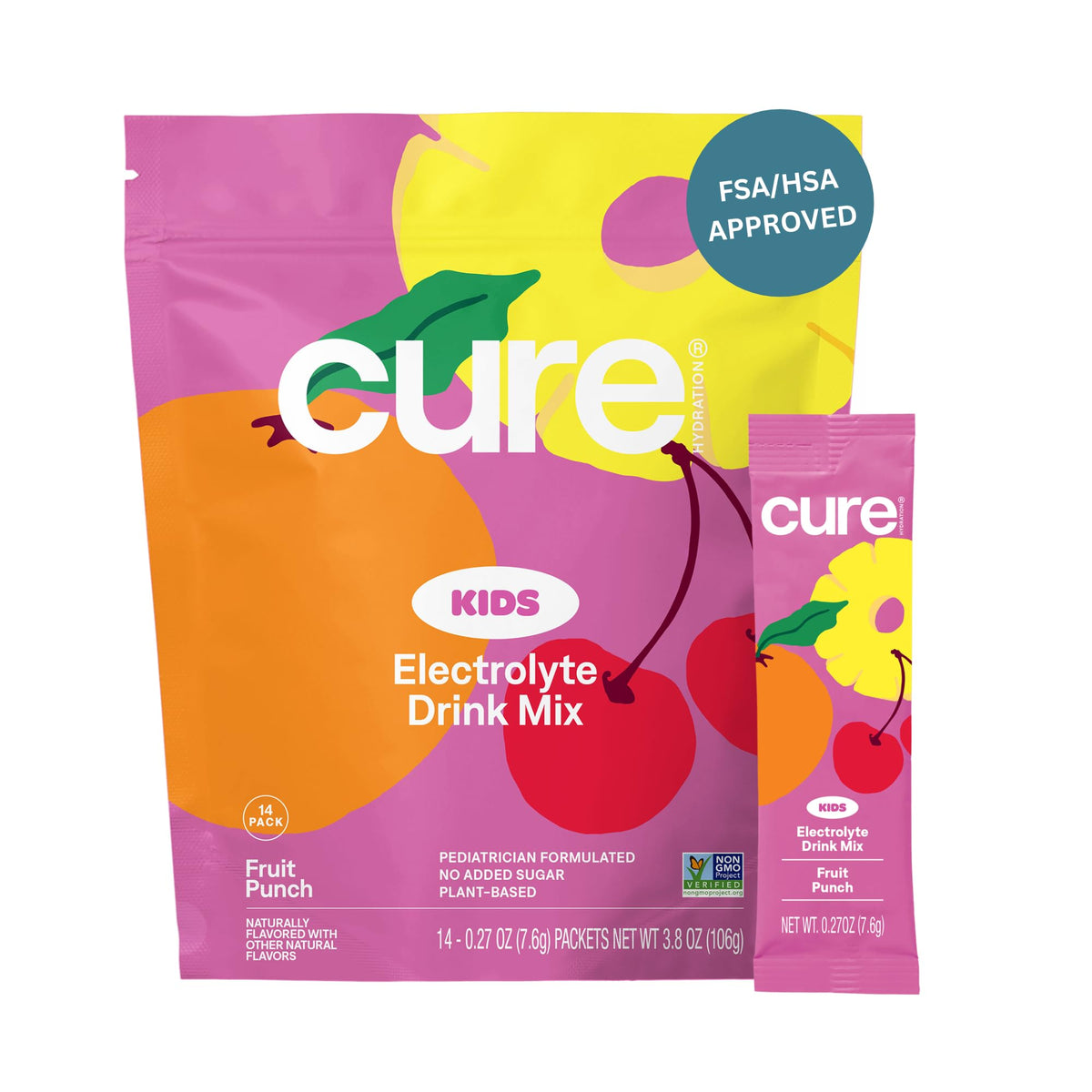 Cure Hydration Fruit Punch packet close-up, kid-friendly electrolyte mix for on-the-go hydration.