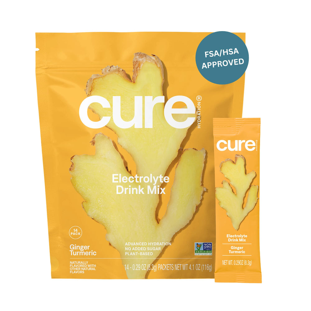 Cure Hydration Ginger Turmeric packet closed for convenient hydration on the go