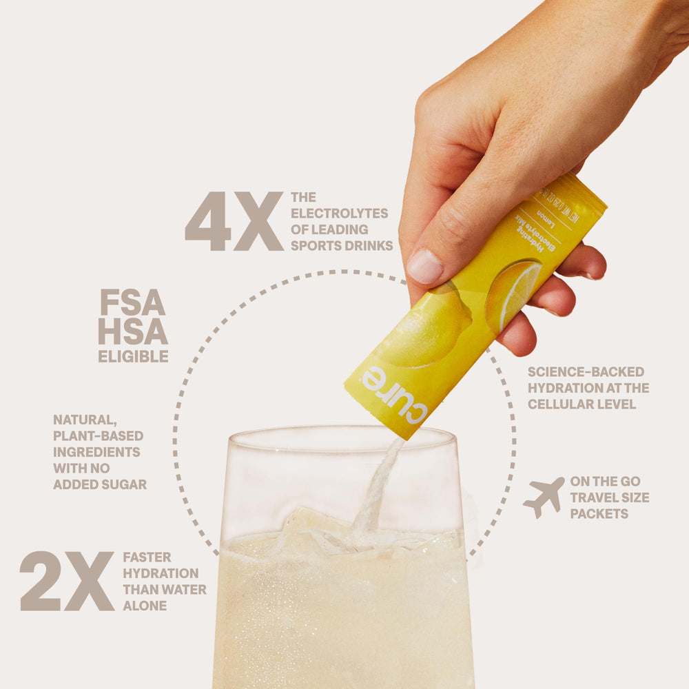 Glass with Cure Hydration lemonade ready to drink for a refreshing boost.