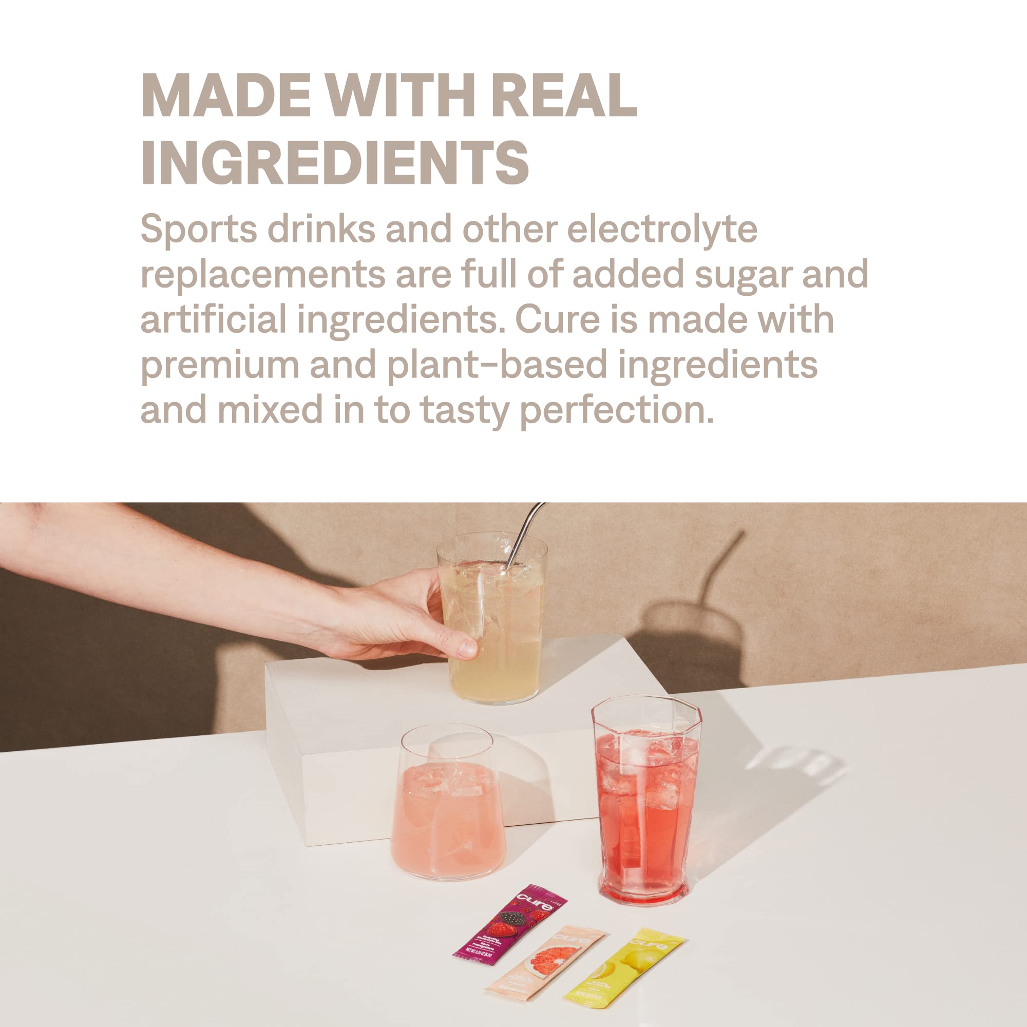 Cure Hydration in-use with a glass of water demonstrates quick mixing for hydration.