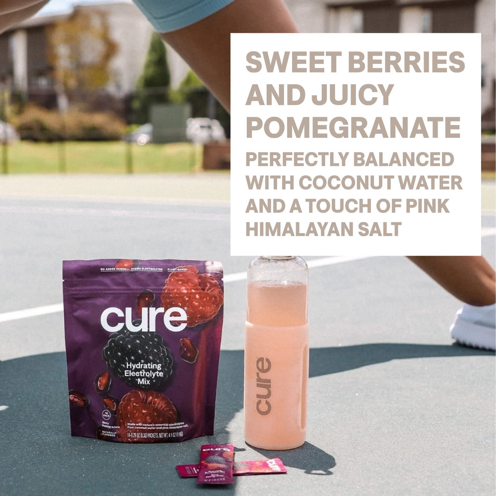 Cure Hydration ingredients label highlights plant based no added sugar.
