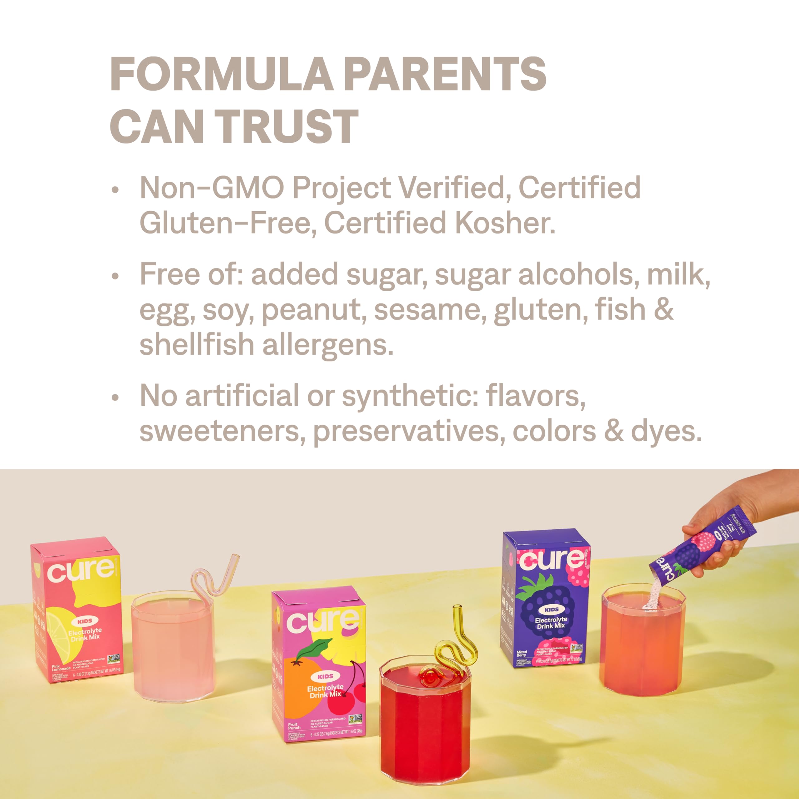 Kid using Cure Hydration pink lemonade sachet during a busy day