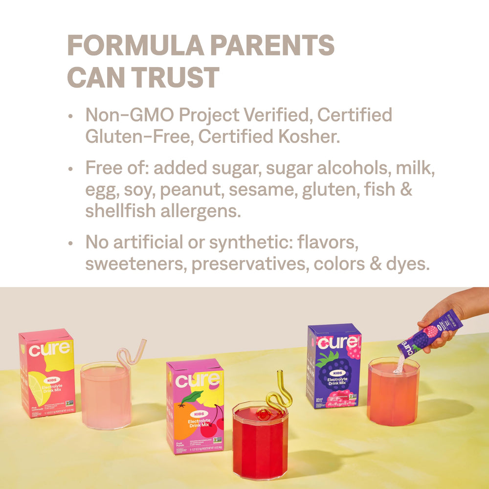 Kid using Cure Hydration pink lemonade sachet during a busy day