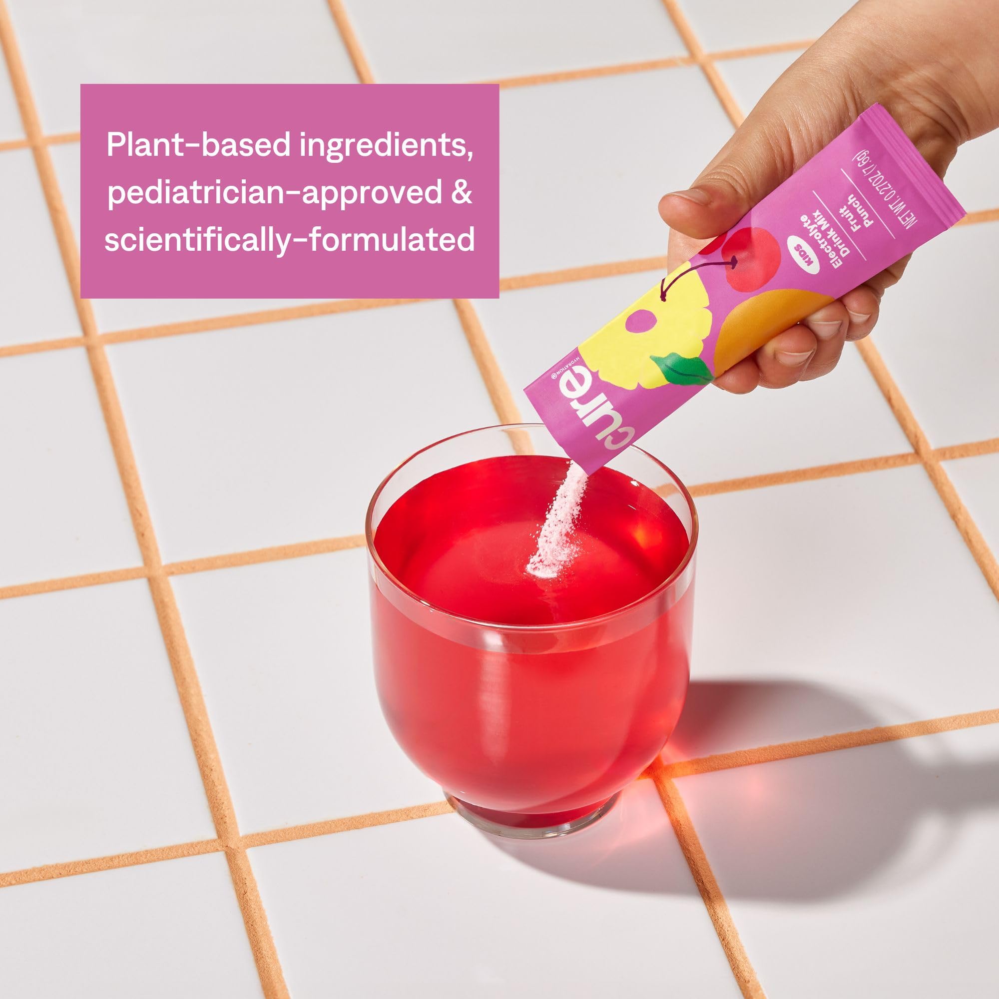 Powder dissolving in water shows easy on-the-go hydration with Cure Hydration.