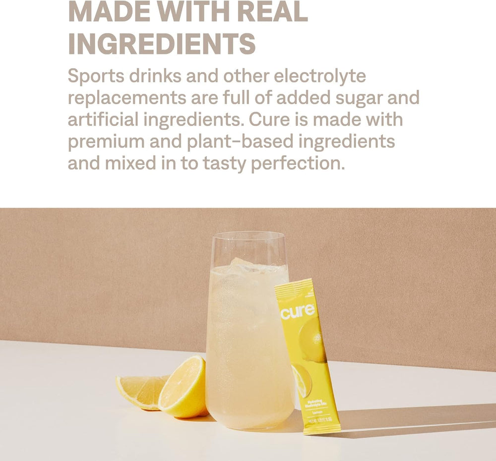 Cure Hydration Lemonade ingredients close-up highlights coconut water and real fruit juice.