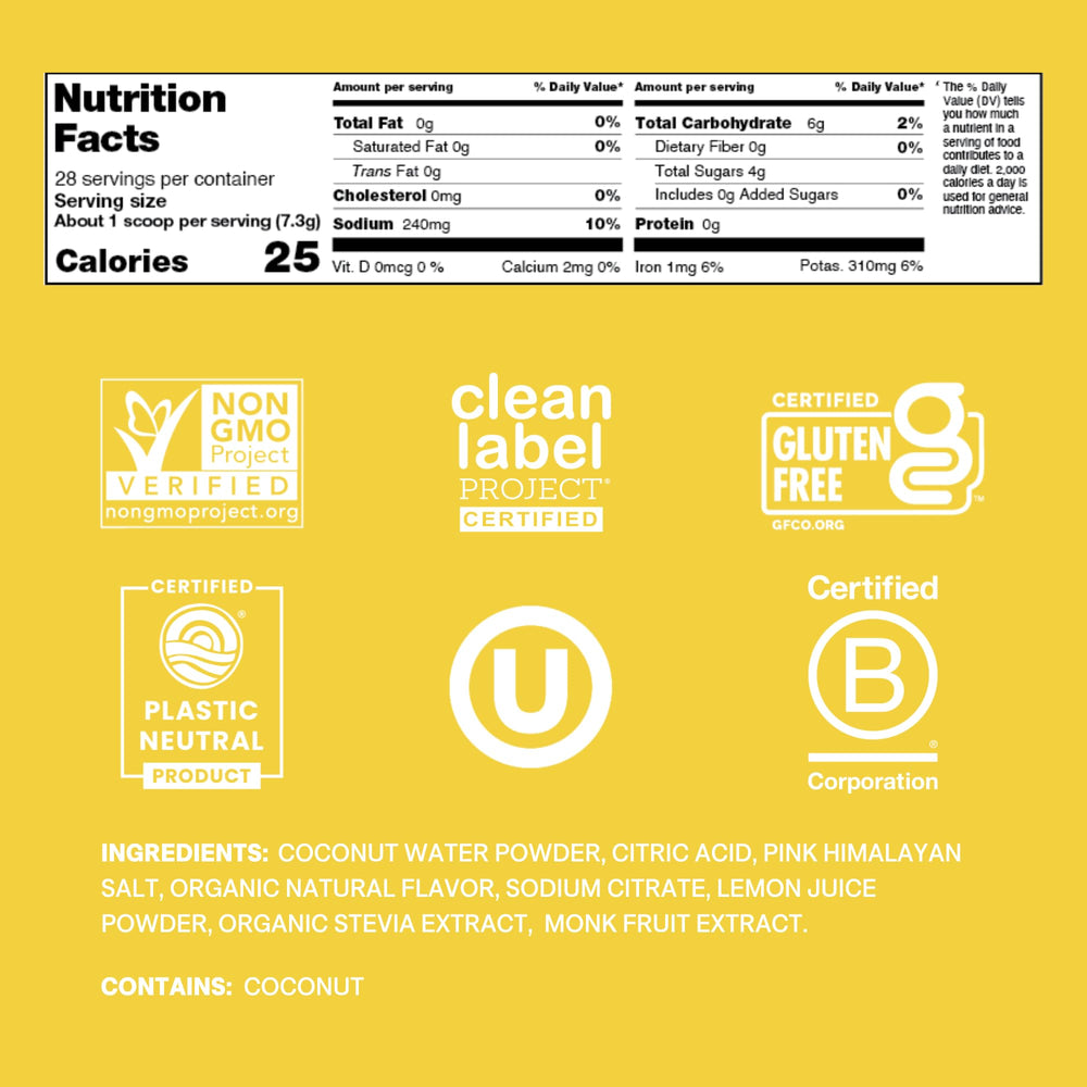 Cure Hydration Lemonade packet back showing no added sugar option for clean hydration.