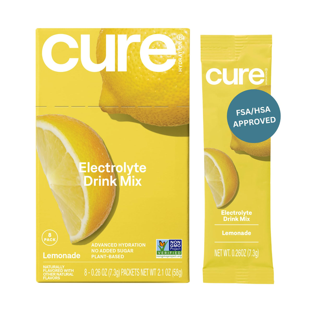 Cure Hydration Lemonade packet close-up showing vibrant powder and sugar-free formula.