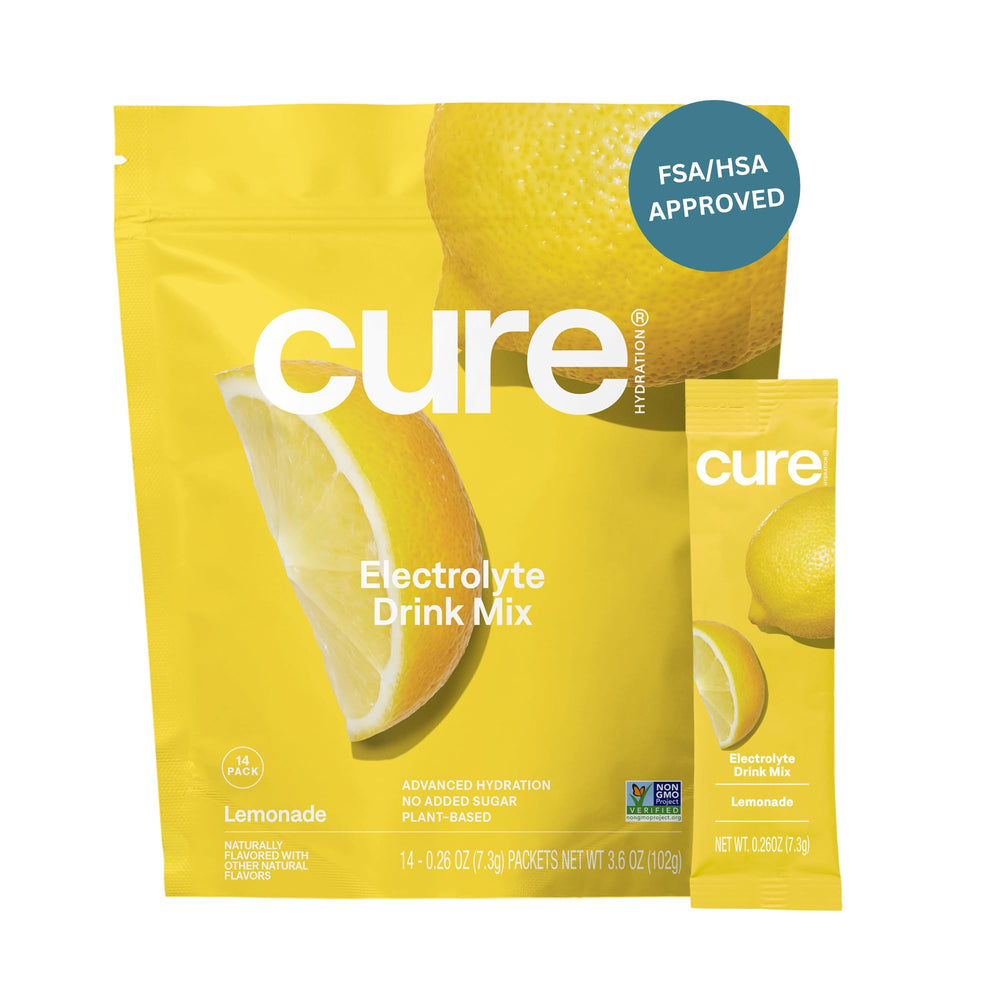 Cure Hydration lemonade packets for on-the-go hydration with natural electrolytes.