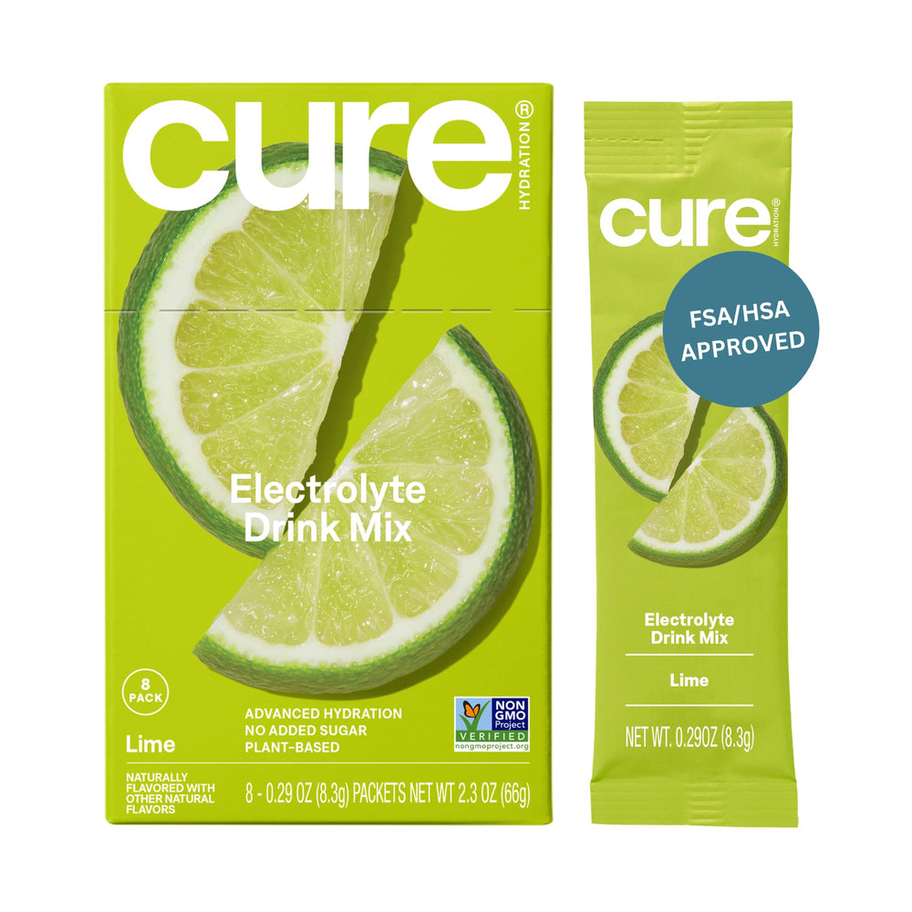 Cure Hydration Lime packet close-up for quick hydration after workouts
