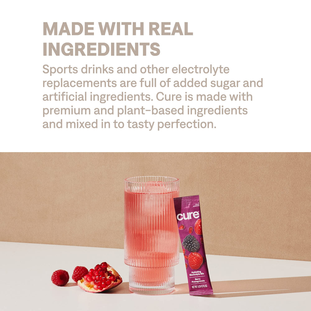 Cure Hydration non GMO label on pouch emphasizes clean ingredients.
