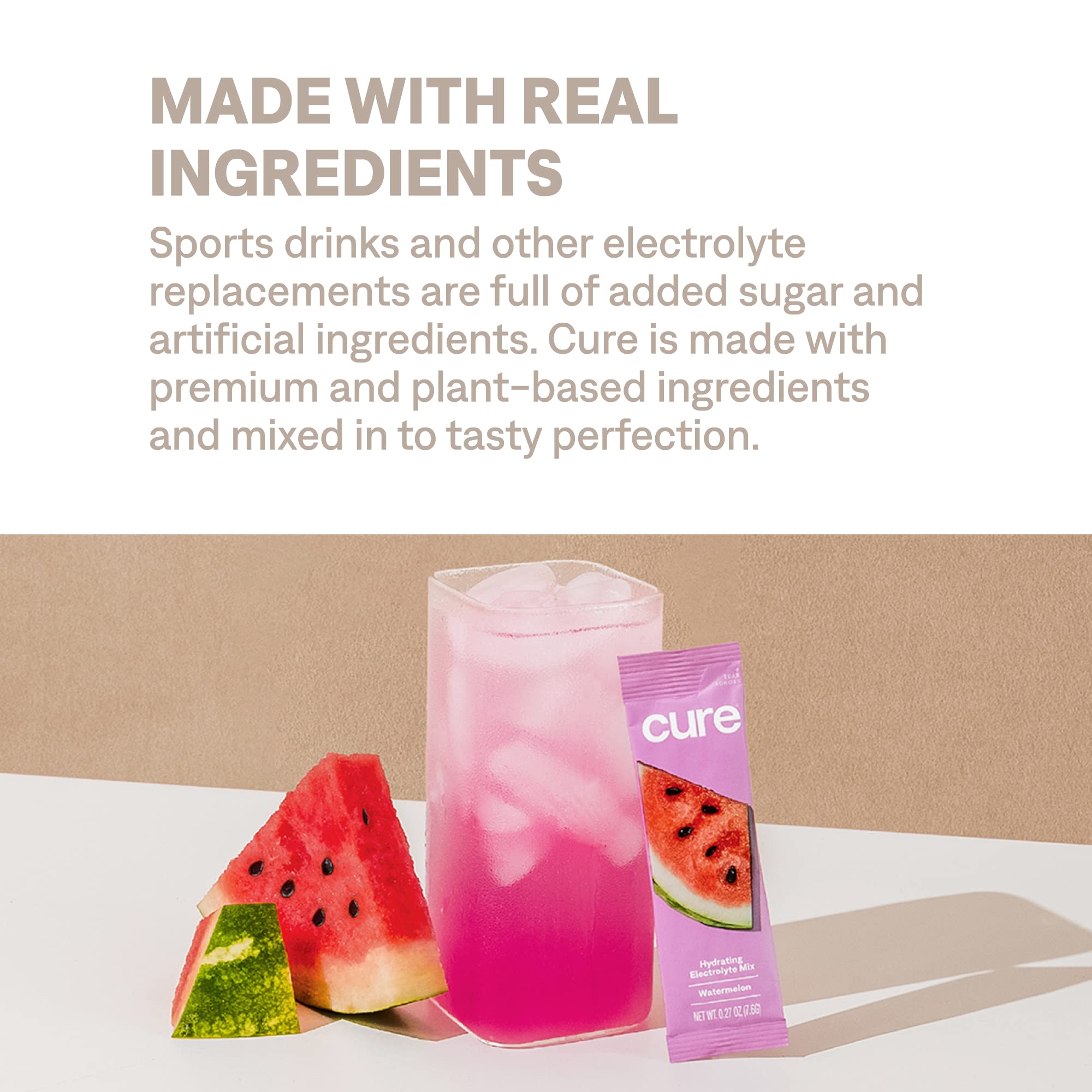 Cure Hydration non-GMO and vegan certification label on pouch.