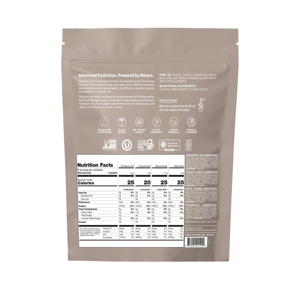 Cure Hydration packet close-up showing plant-based ingredients and no added sugar.