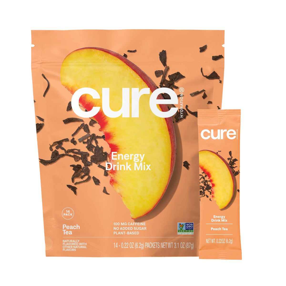 Cure Hydration Performance Peach pouch front shows plant-based electrolytes for hydration.