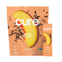 Cure Hydration Performance Peach pouch front shows plant-based electrolytes for hydration.