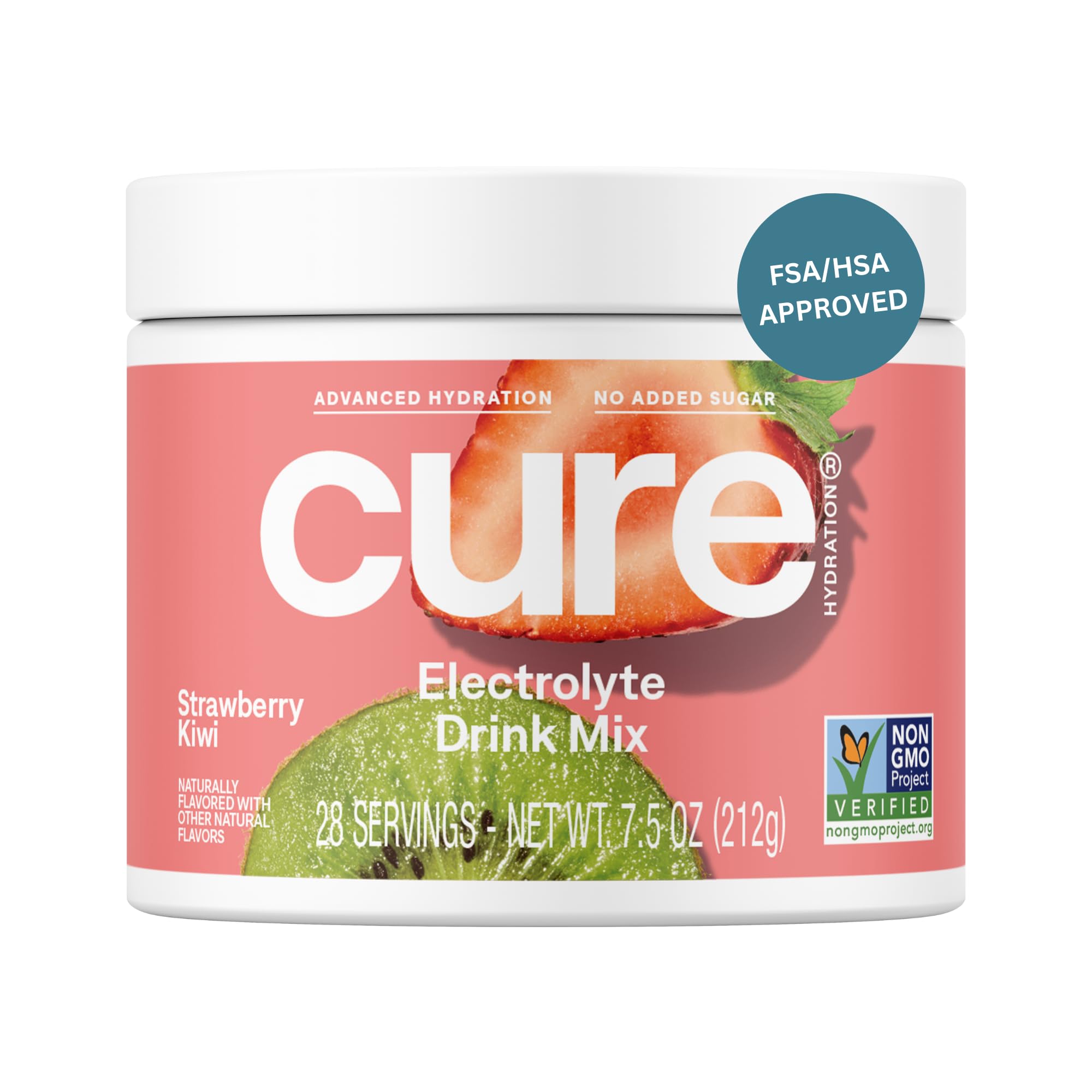 Cure Hydration strawberry-kiwi bottle showing plant-based electrolytes for daily hydration