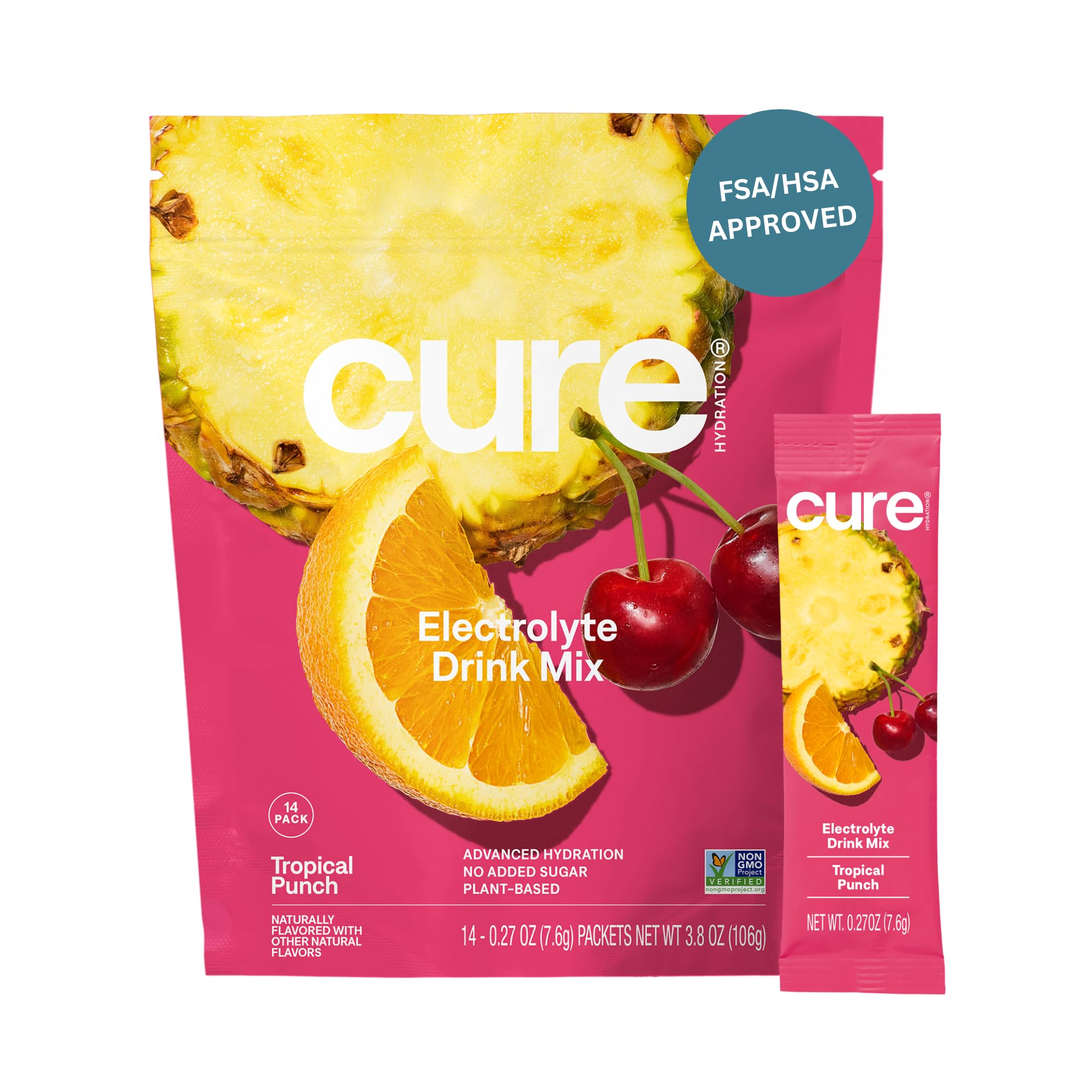 Cure Hydration Tropical Punch packets ready to mix for quick, flavorful hydration after workouts.