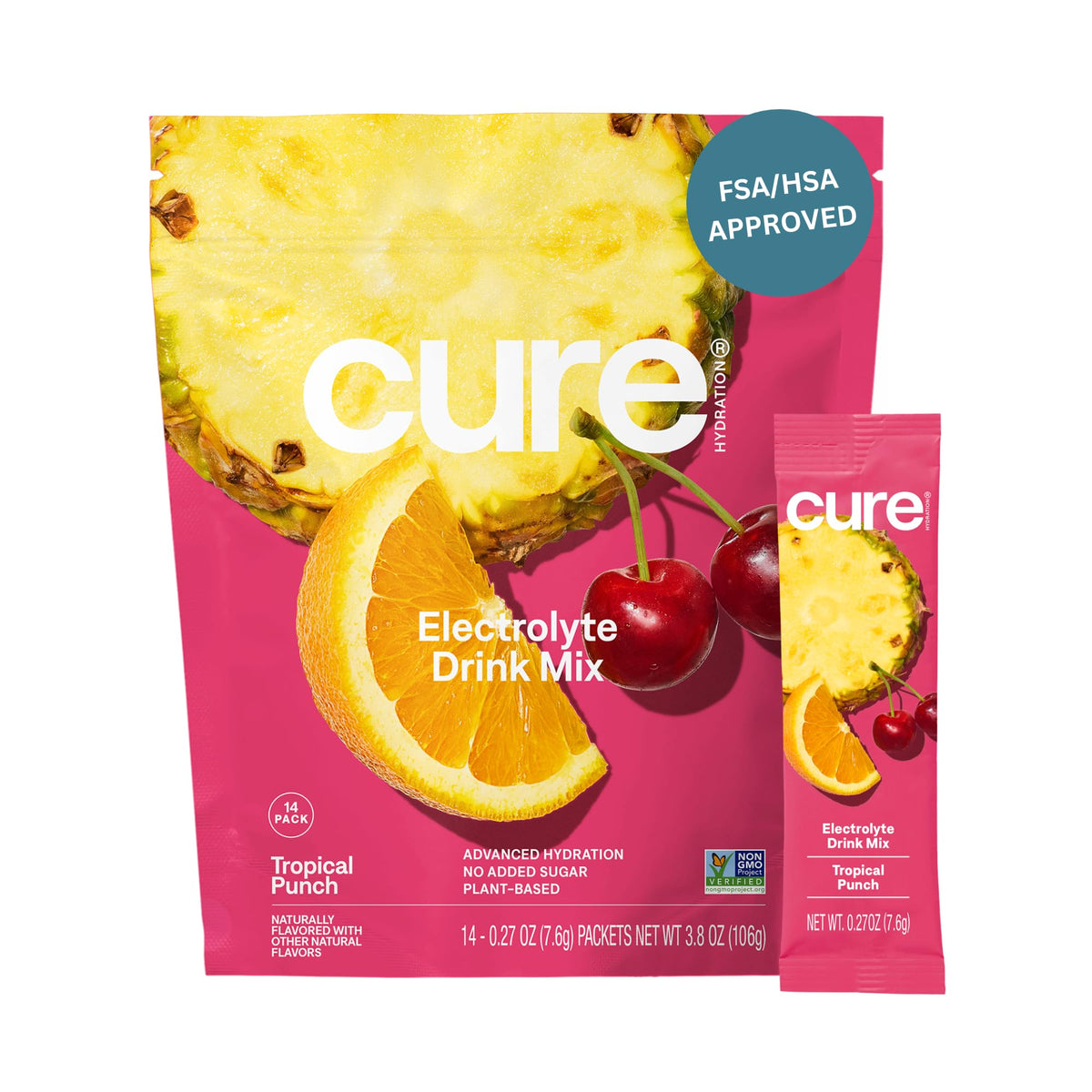 Cure Hydration Tropical Punch packets ready to mix for quick, flavorful hydration after workouts.