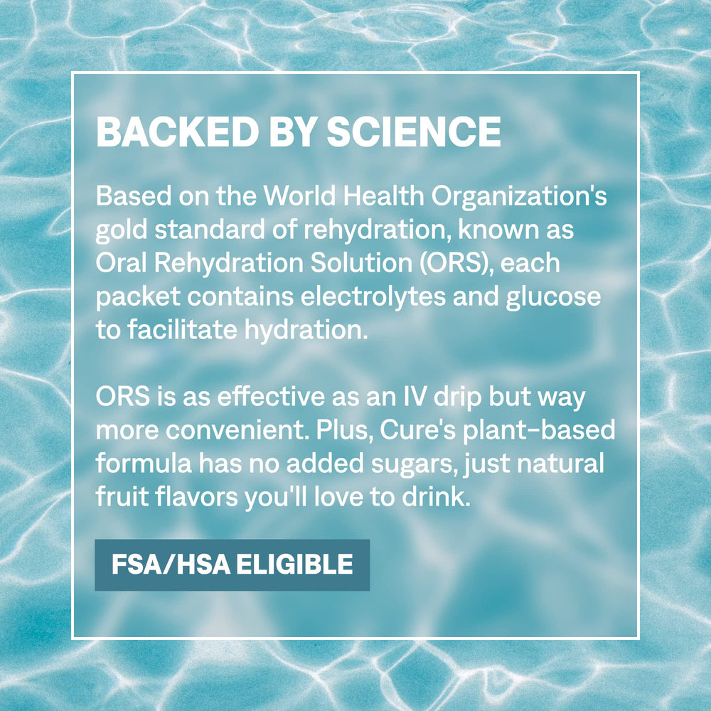 Tropical Punch flavor in a compact Cure Hydration pouch, ideal for travel.