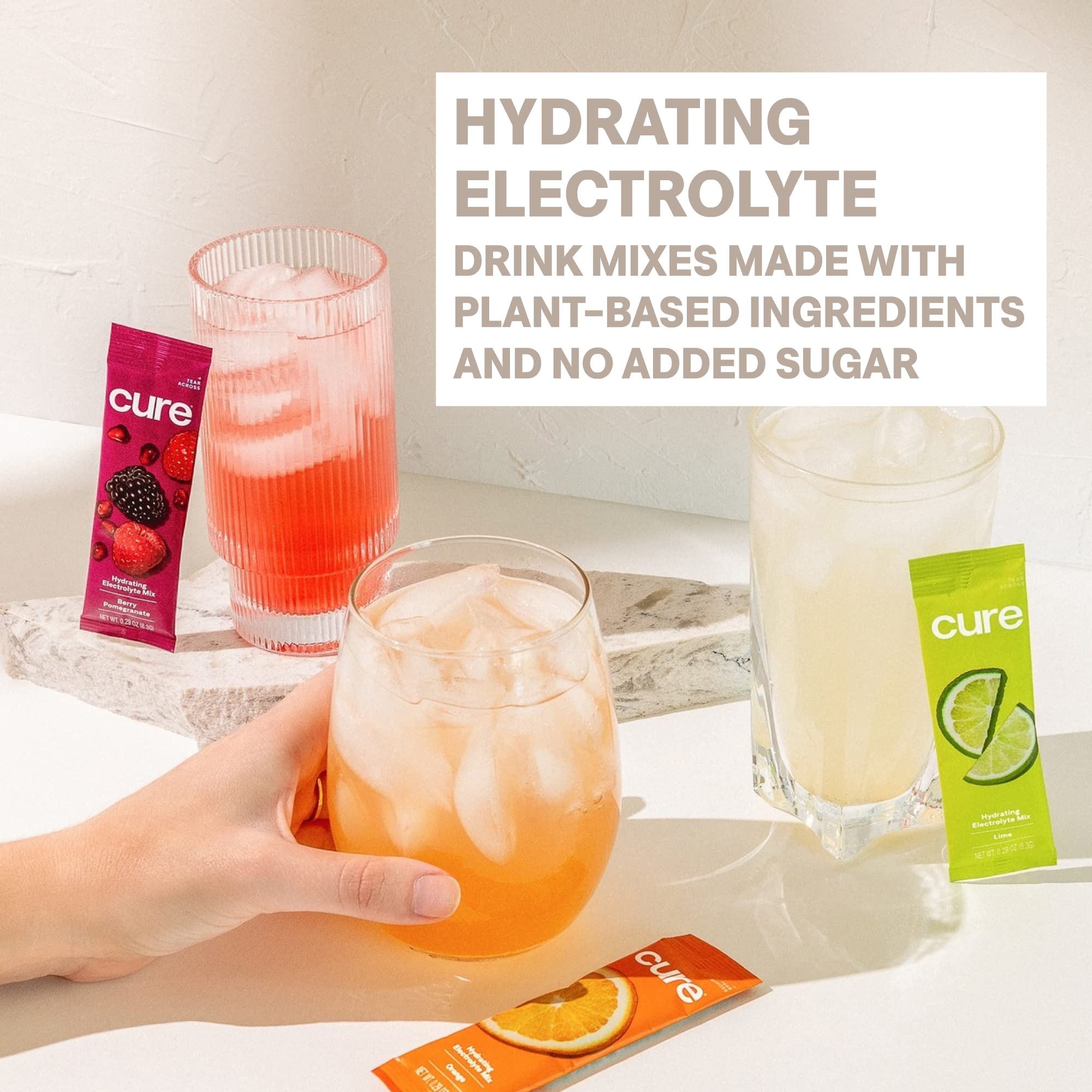 Cure Hydration vegan and gluten-free certifications visible on the pack.