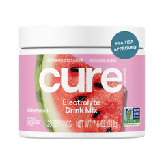 Cure Hydration watermelon packaging shows a plant-based electrolyte option with no added sugar.