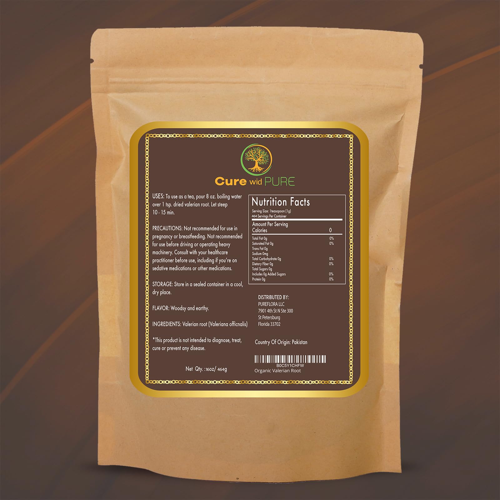 Cure wid Pure valerian tea label back displaying ethical sourcing