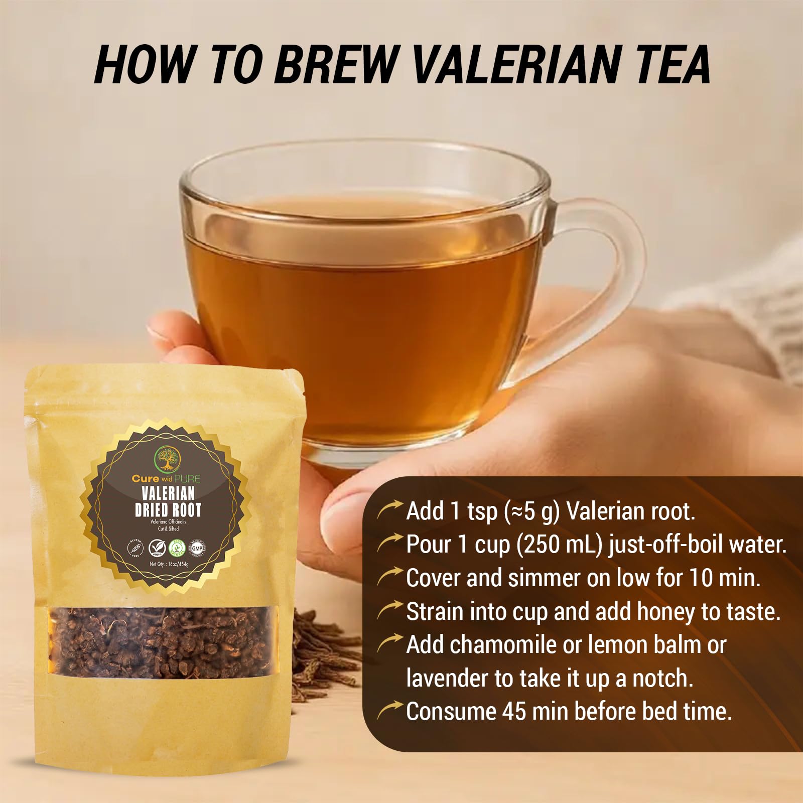 Cure wid Pure valerian tea in resealable eco pouch