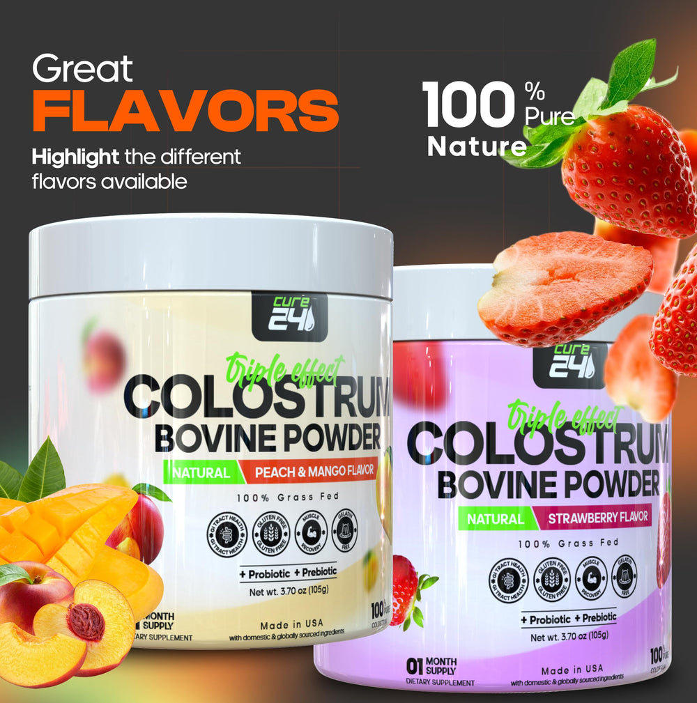 Cure24 Bovine Colostrum X3 production badge highlights USA-made quality and rigorous testing.