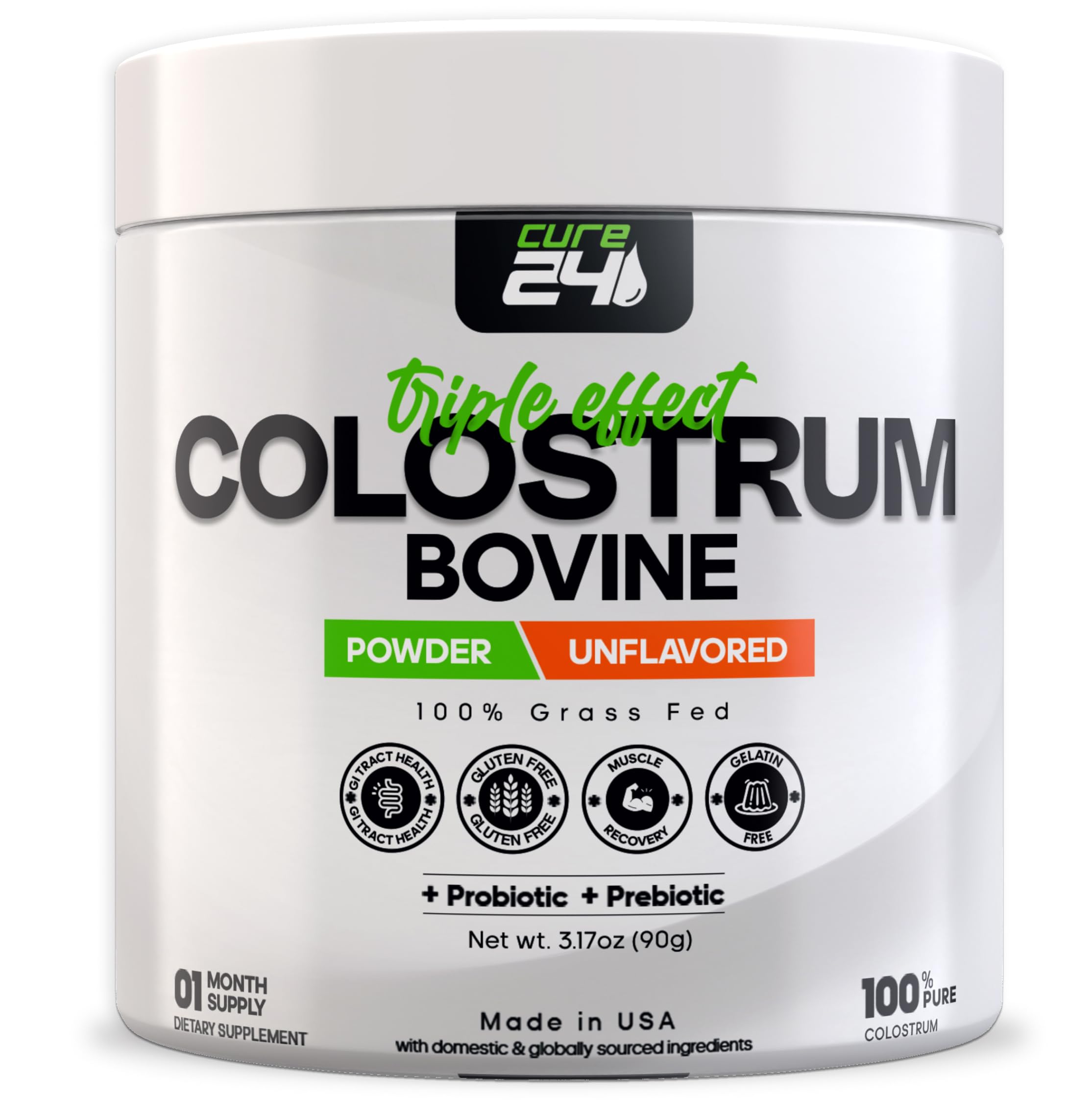 Cure24 Bovine Colostrum X3 powder tub shown for daily immune support and clean mixing.