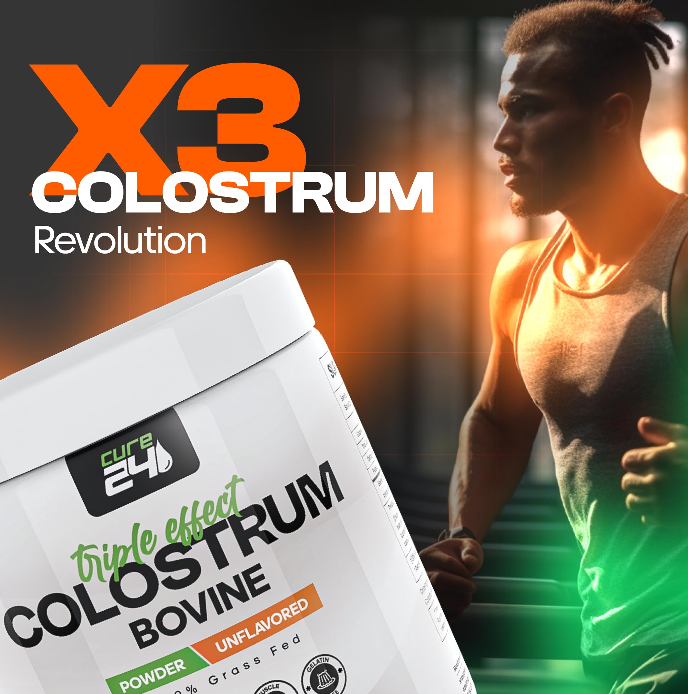 Cure24 Bovine Colostrum X3 blend with probiotic and prebiotic images suggests gut-friendly support.