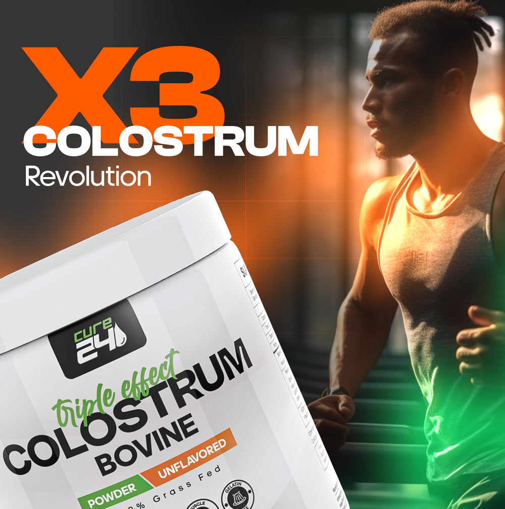Cure24 Bovine Colostrum X3 blend with probiotic and prebiotic images suggests gut-friendly support.