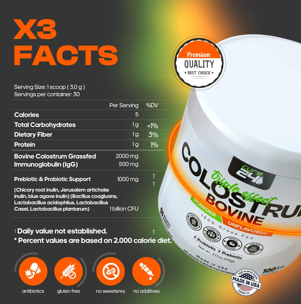 Cure24 Bovine Colostrum X3 scoop measure highlights easy dosing for smoothies or water.