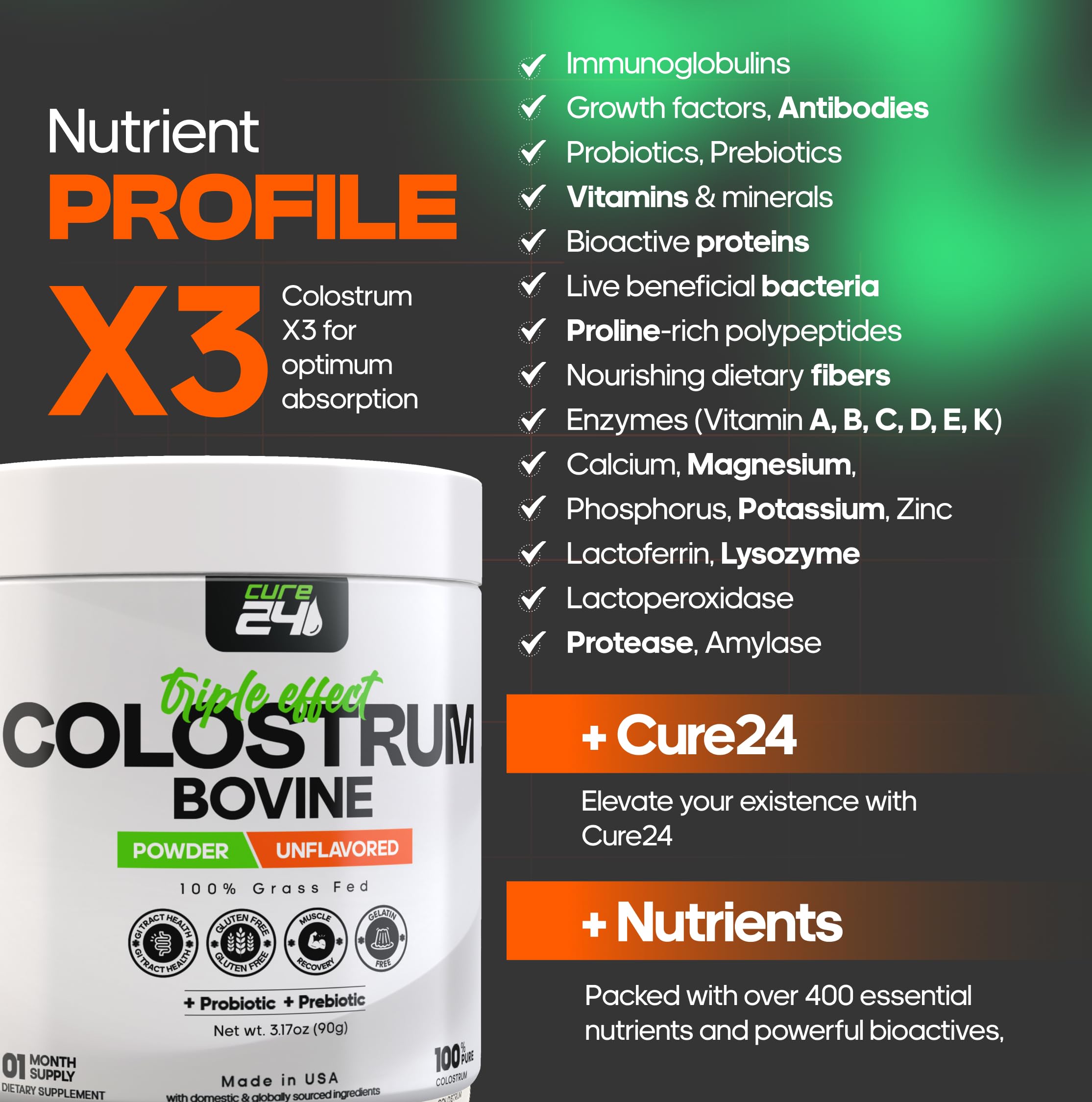 Cure24 Bovine Colostrum X3 seeing smoothie idea promotes versatile daily nutrition.