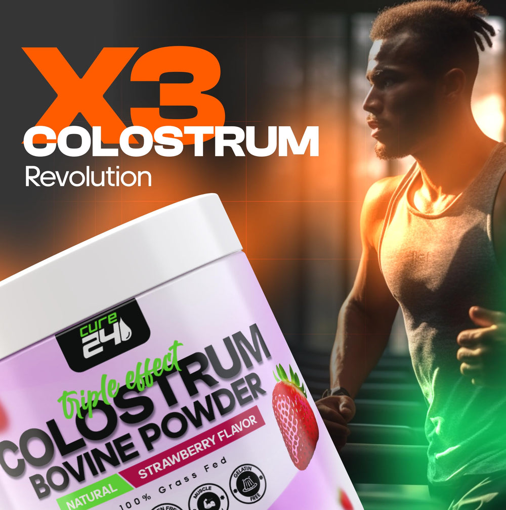 Cure24 Bovine Colostrum X3 natural strawberry flavor.