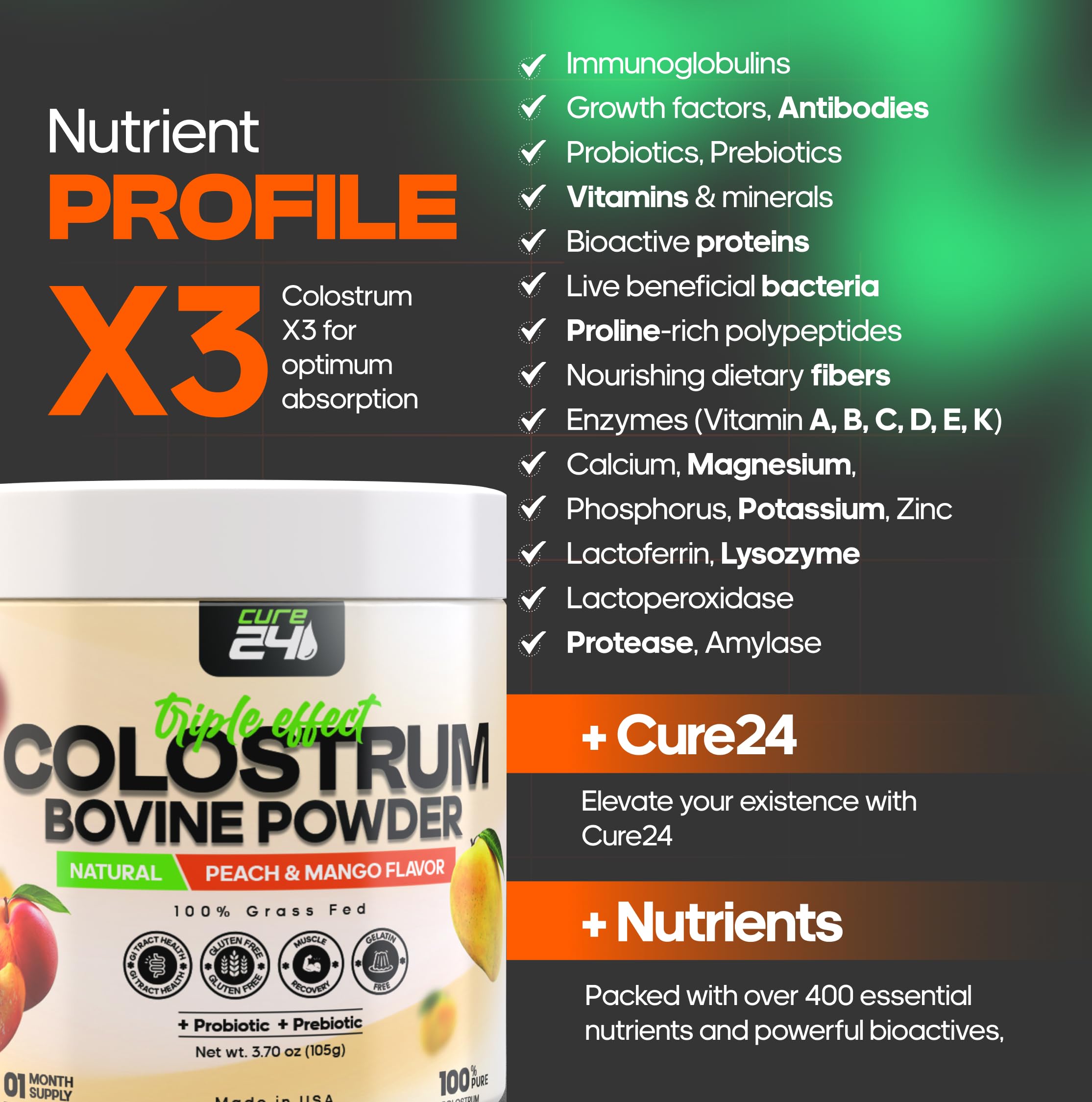 Cure24 Colostrum powder scoop beside a prepared drink.
