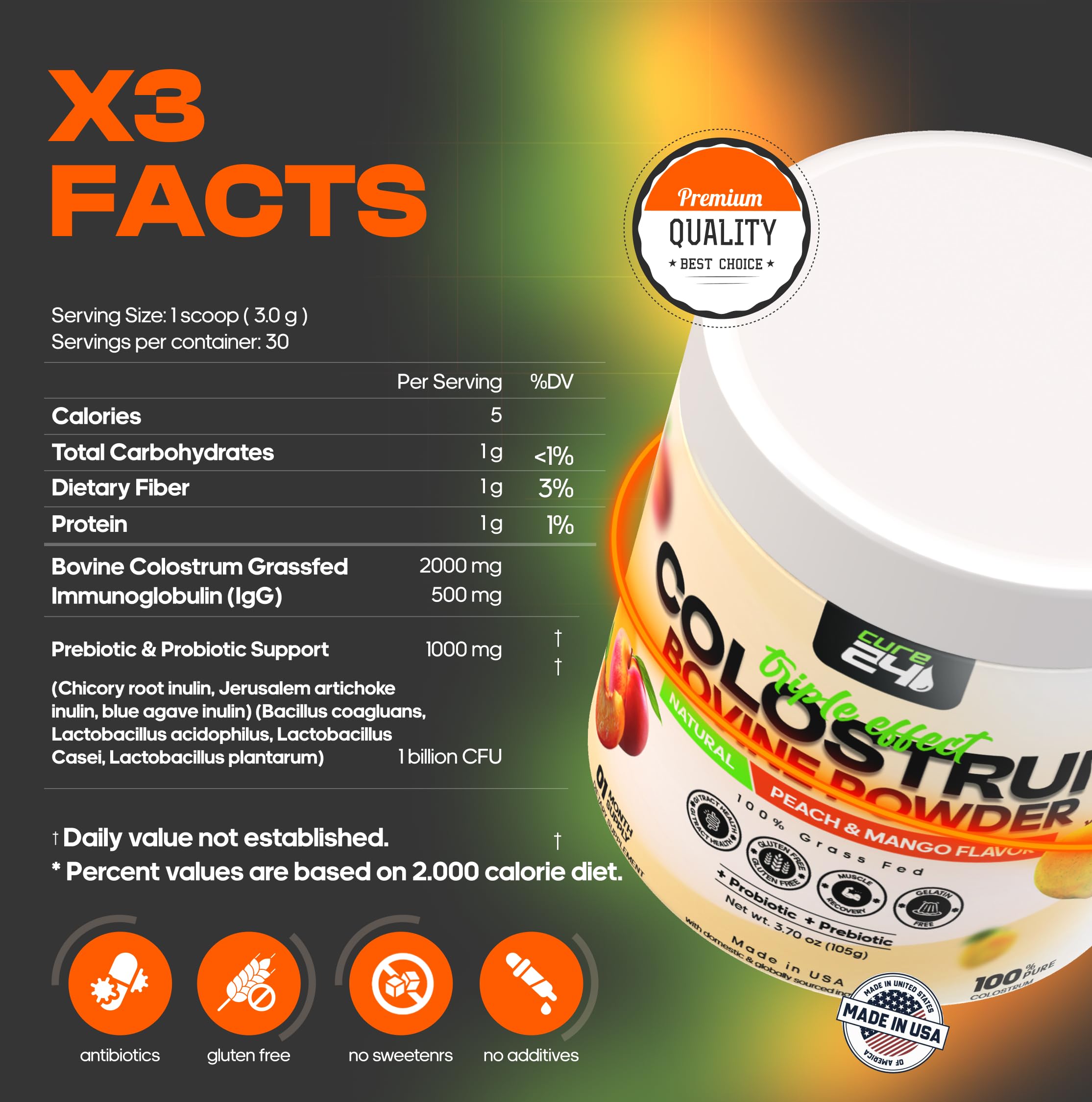 Cure24 Bovine X3 Colostrum tub label highlighting USA-made quality.