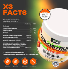 Cure24 Bovine X3 Colostrum tub label highlighting USA-made quality.