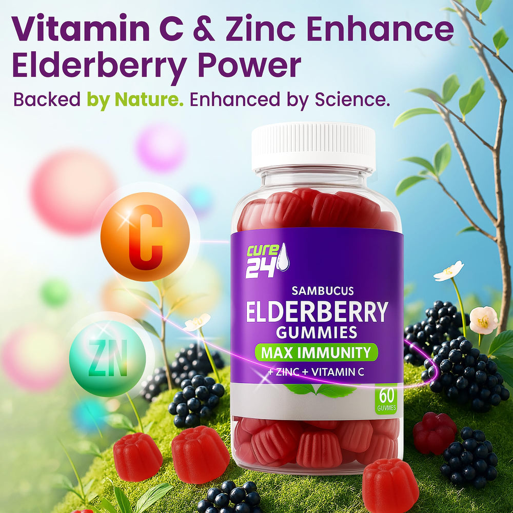 Cure24 elderberry gummies ingredients panel noting gelatin-free and dairy-free formula.