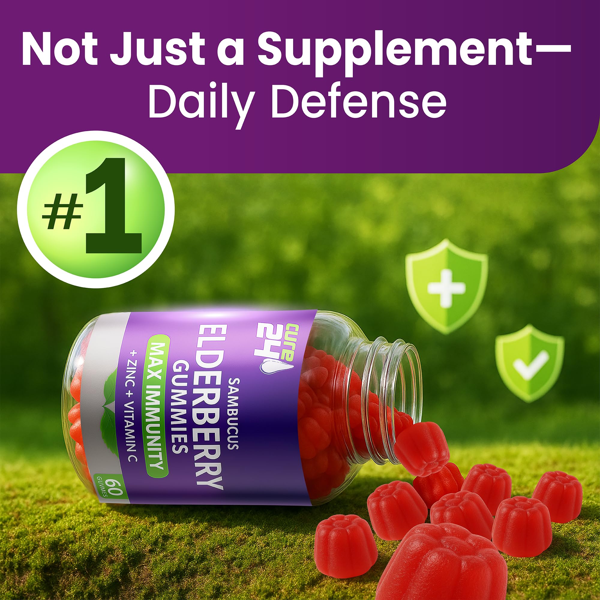 Cure24 fruit-flavored gummies on table illustrate everyday wellness routine.