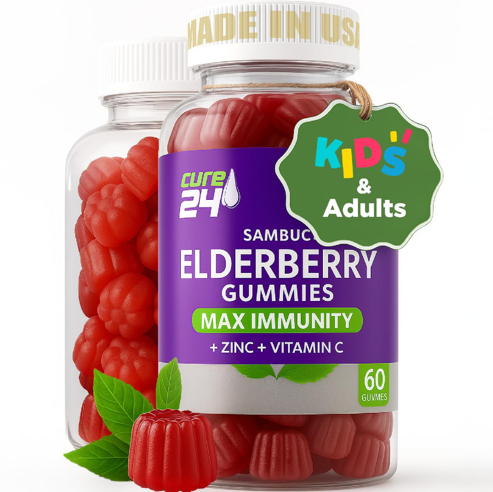 Cure24 Sambucus Elderberry Gummies bottle highlights vegan, non-GMO formula for immune support.