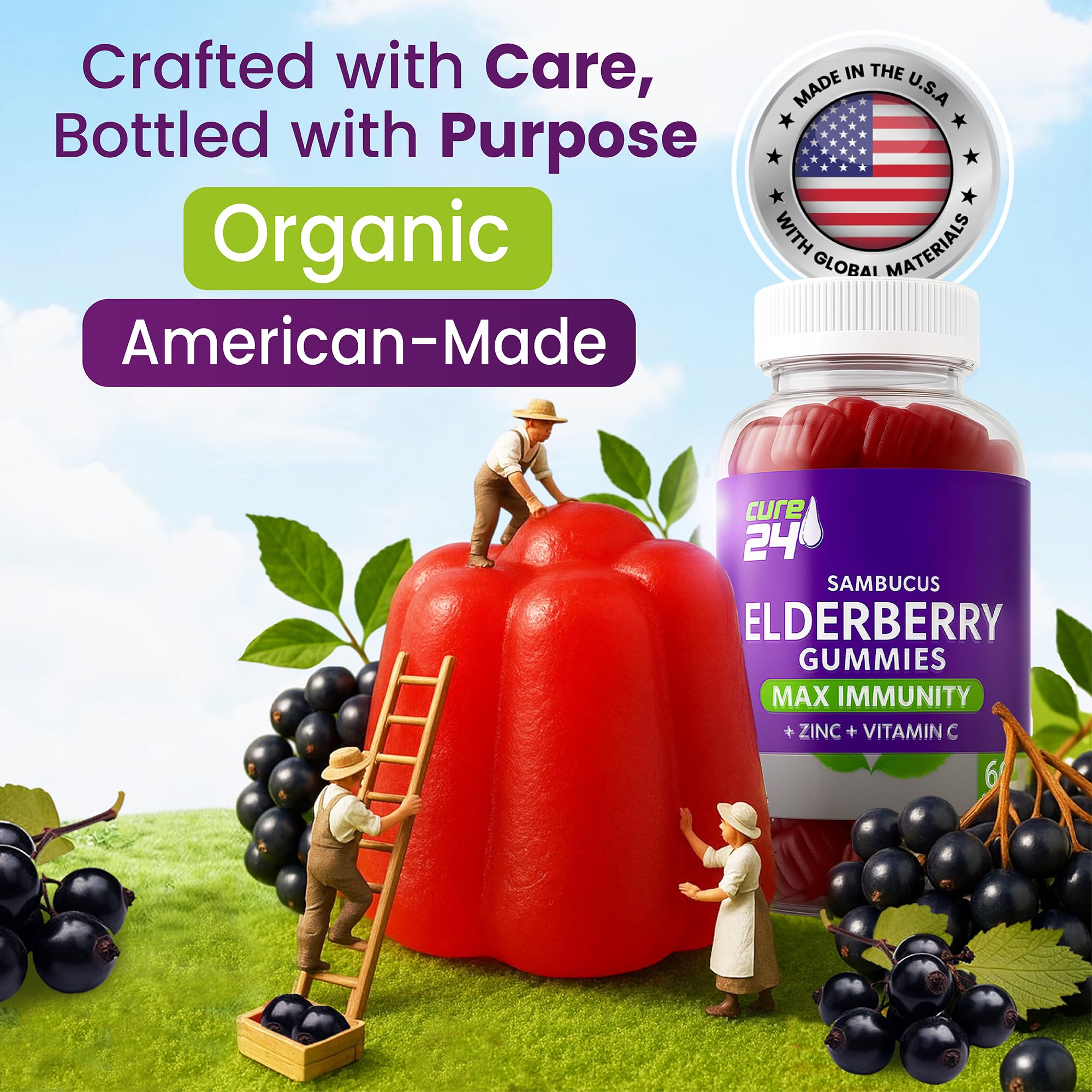 Cure24 elderberry gummies with kids serving shows kid-friendly dosing and flavor.