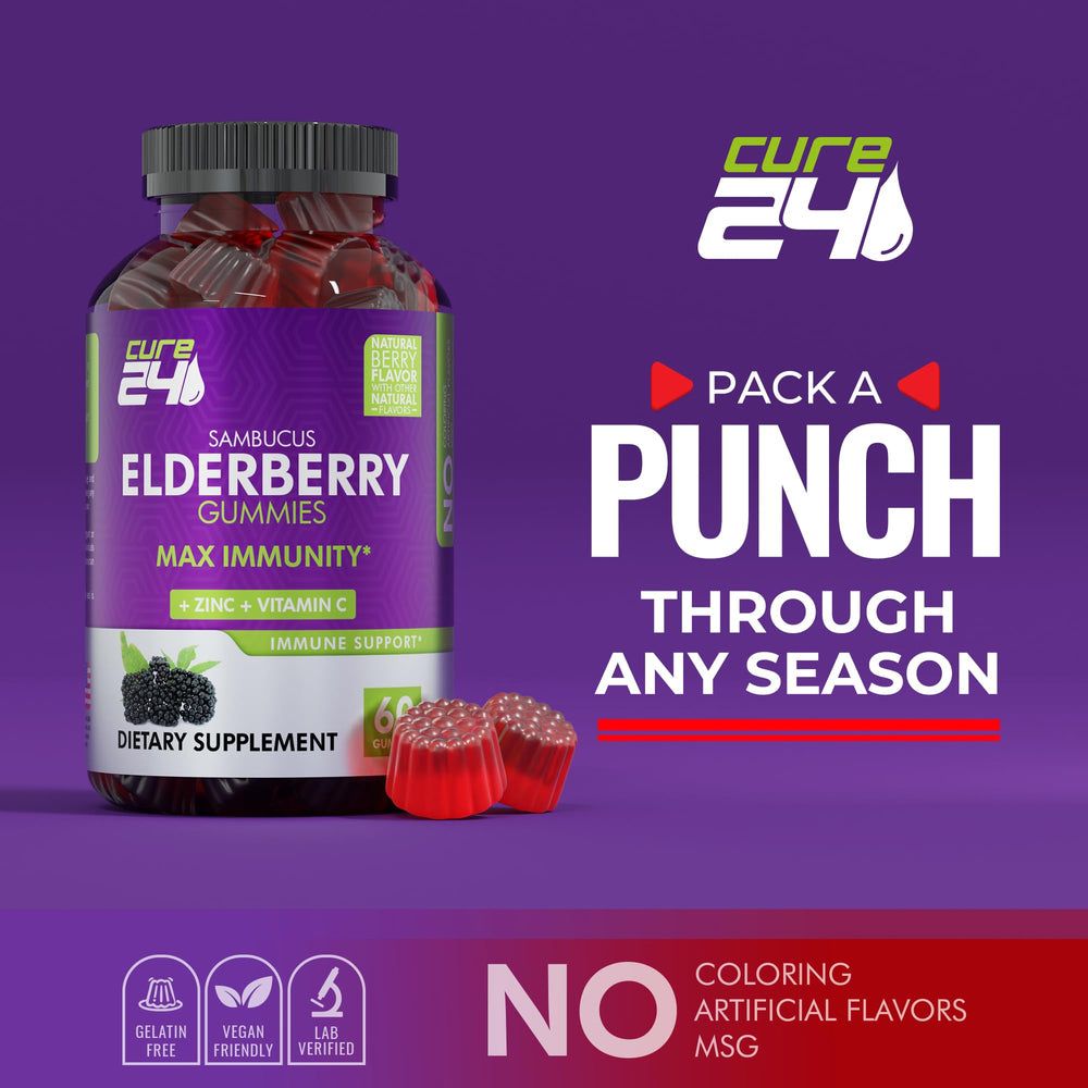 Cure24 vegan non-GMO gummies point to plant-based daily wellness.