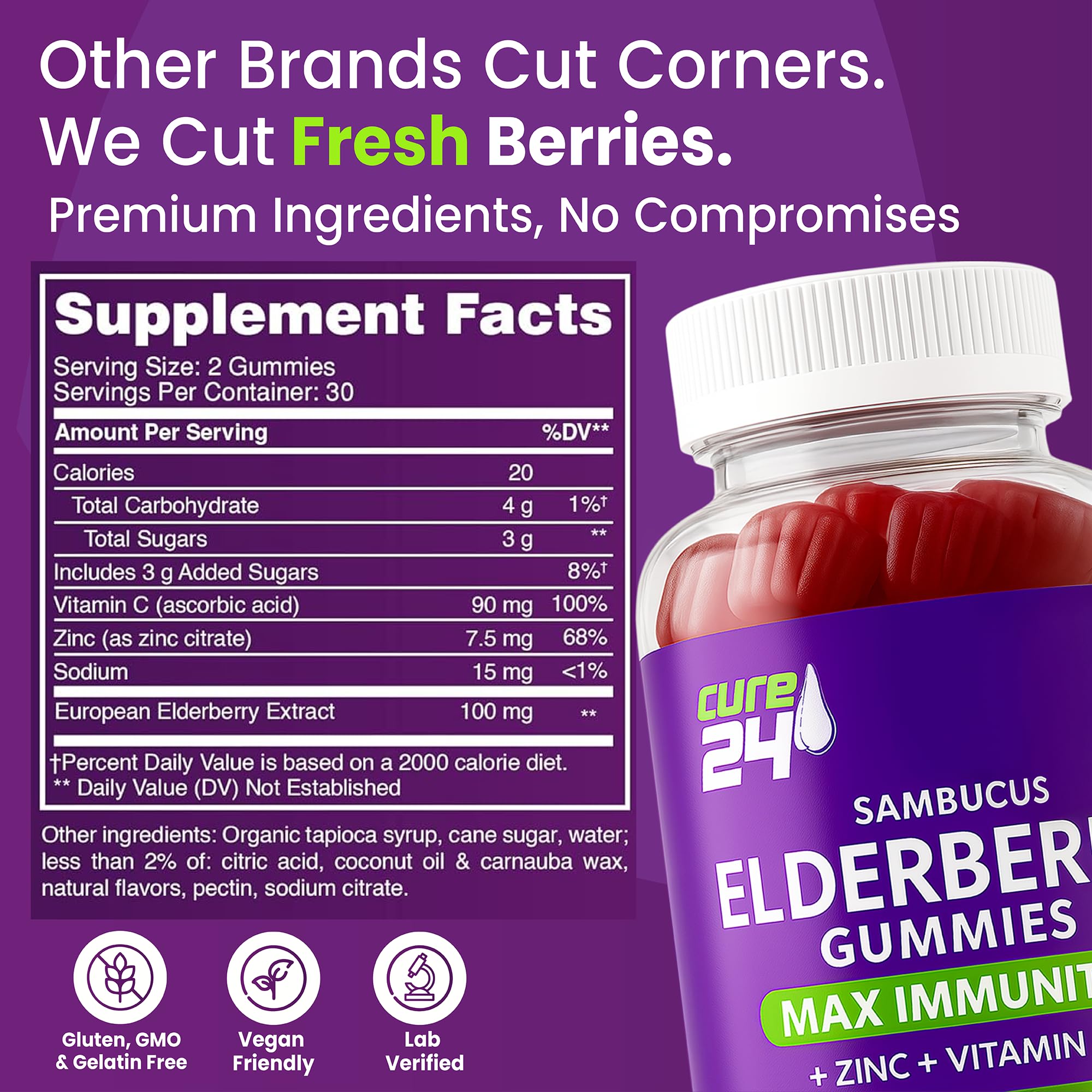 Cure24 vitamin C and zinc gummies with elderberry packaging emphasizing wellness blend.