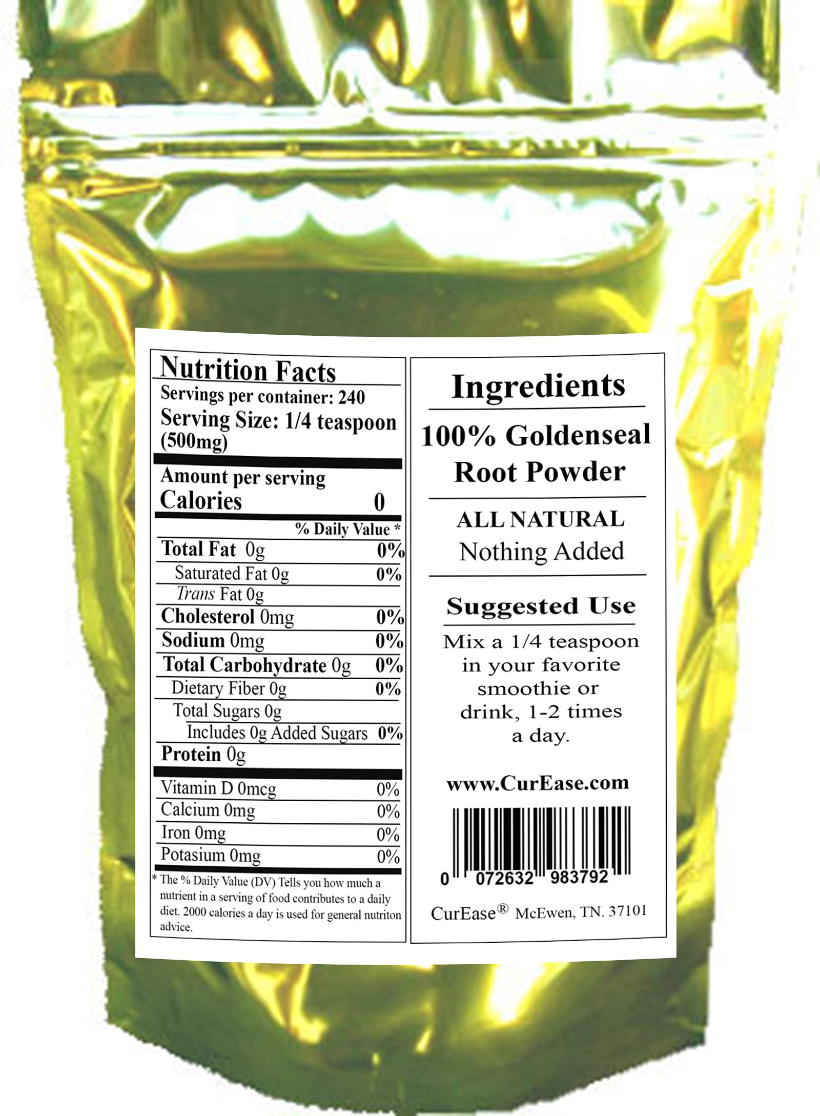 CurEase Goldenseal Powder ingredients: 100% goldenseal root, additive-free.