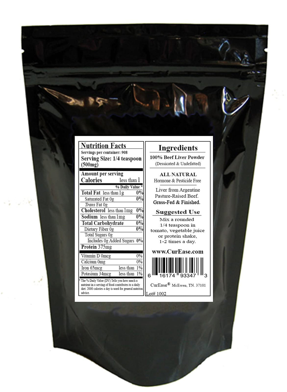 CurEase undefatted desiccated liver powder jar showing rich nutrients